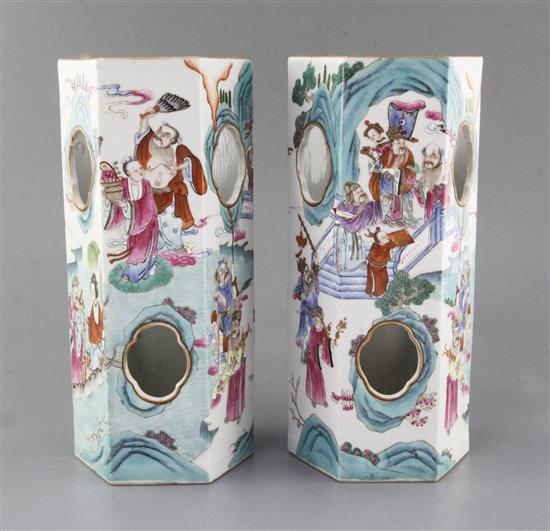 A pair of Chinese famille rose hexagonal hat stands, Xianfeng six character seal marks and of the period (1851-61), height 28.7cm, one